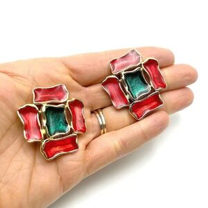 Vintage Avon Color Block Enamel Clip Earrings Red Green Gold Statement